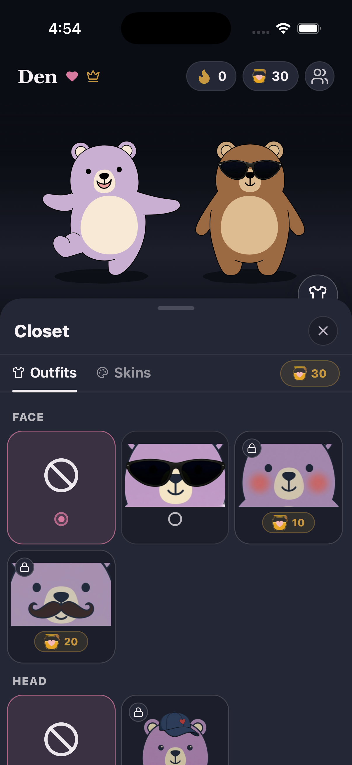 Den bear customization screen preview