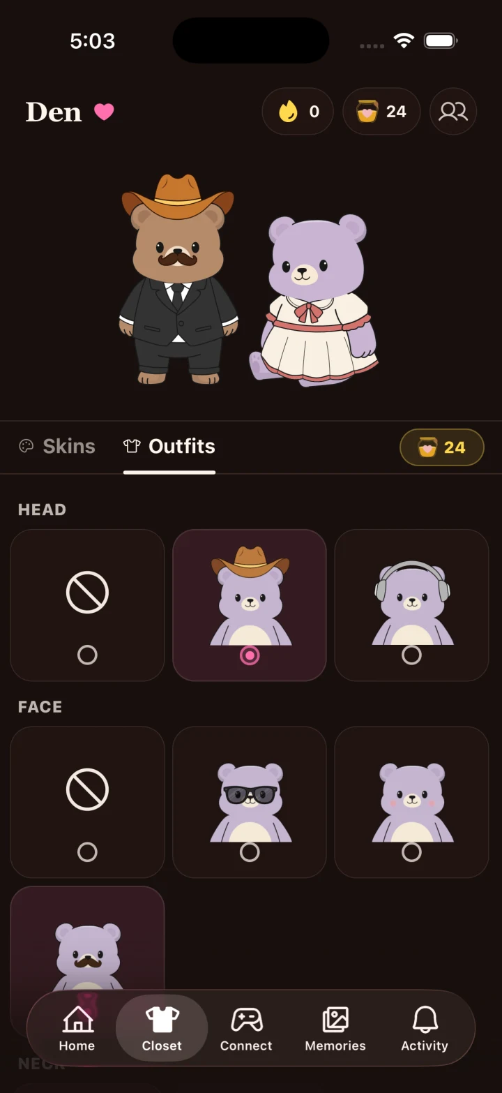 The Den closet with customizable bear outfits, hats, and accessories