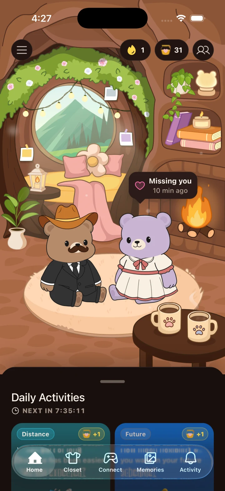 A cowboy bear and a bear in a sailor outfit in their shared Den