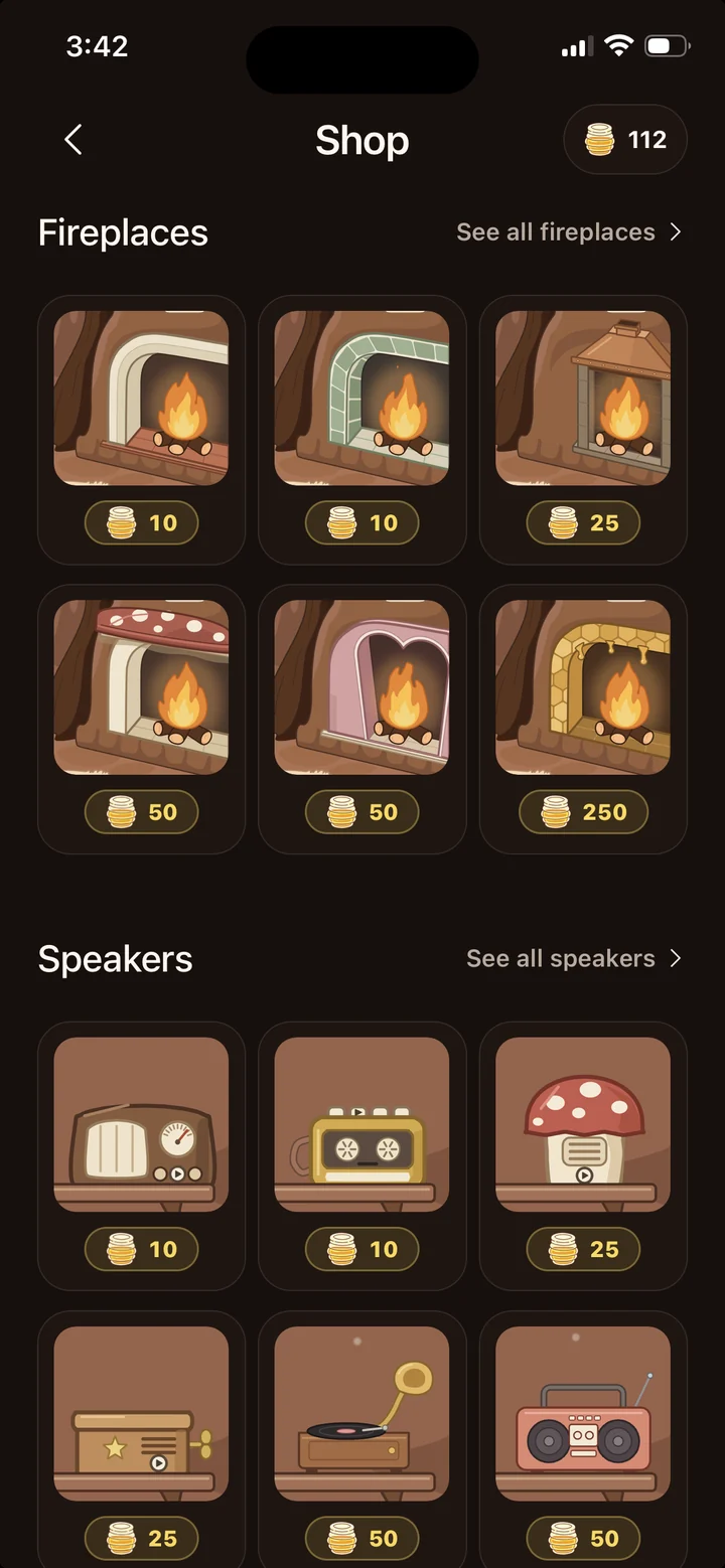 The Den shop with fireplaces and speakers for decorating your shared Den
