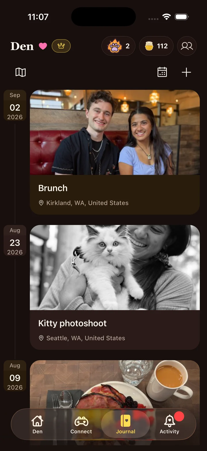 A shared journal timeline of photos and memories, from brunch dates to a kitty photoshoot