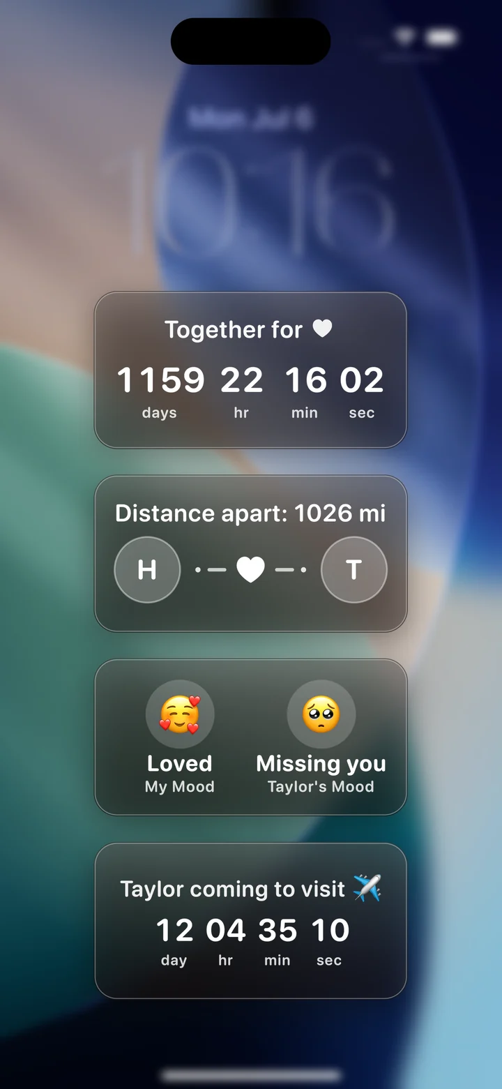 Den lock screen widgets showing time together, distance apart, both of your moods, and a countdown to your next visit