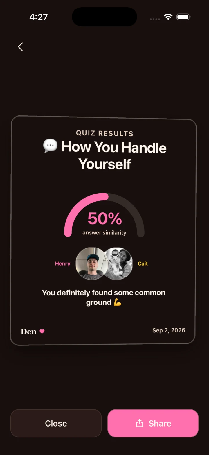 Quiz results showing a 50% answer similarity score and relationship insights